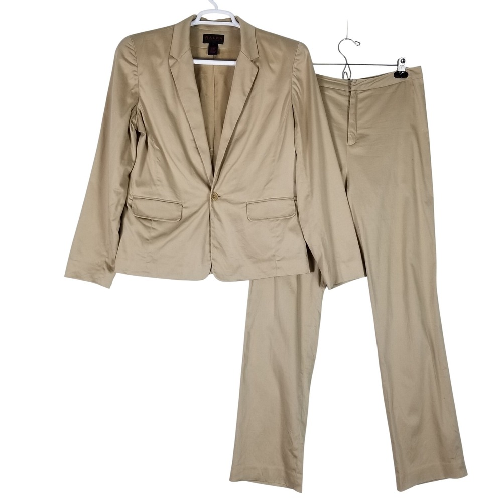 Ralph Lauren Blazer Pants Suit Women Size Large 12 Tan Cotton Trousers Set